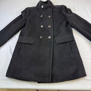 Talbots Black Double Breasted Wool Blend Coat Stand Collar Quilted Lining Size M